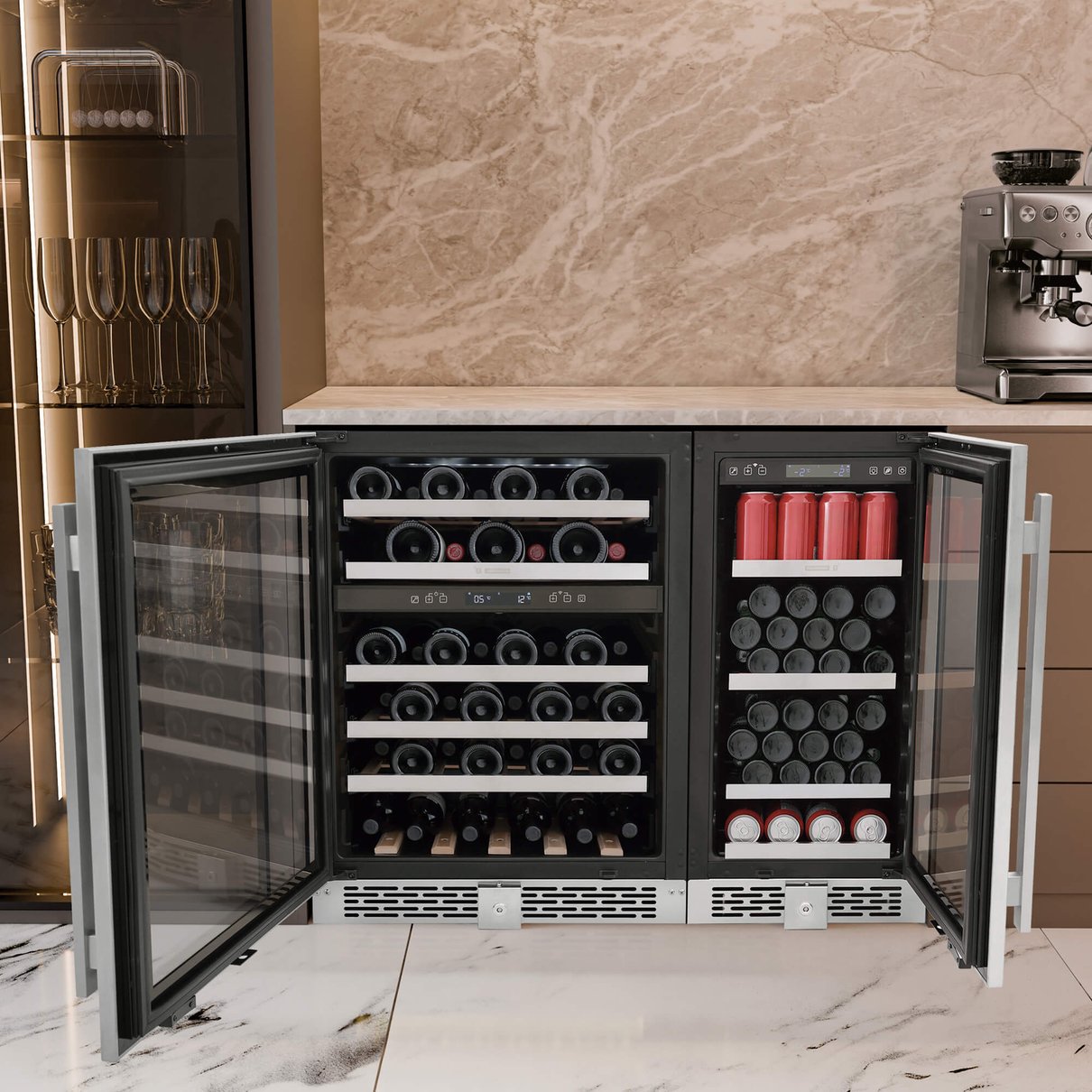 Detalhe do painel touch e prateleiras em madeira da Adega Tramontina Senses Dual Zone T Smart