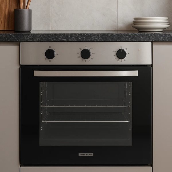 Detalhe do acabamento em a&ccedil;o inox anti-digitais do Forno Tramontina Easy 60 F4