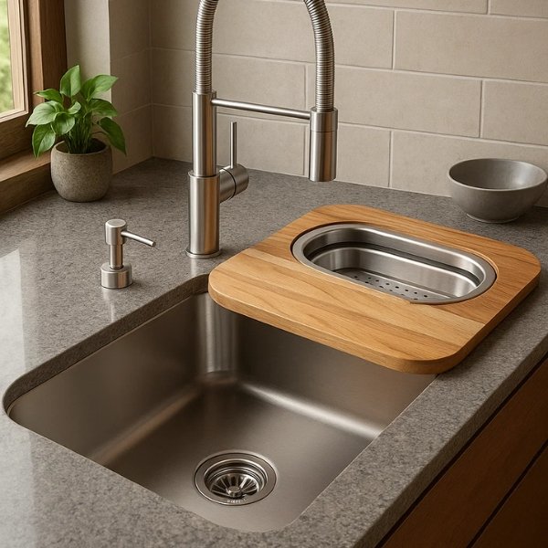 Detalhe da Cuba Tramontina Dora 70 BL R6 com acessórios