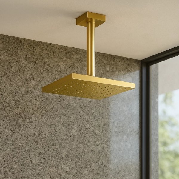 Chuveiro de teto Docol Heaven ouro escovado com design moderno e ampla cobertura de &aacute;gua