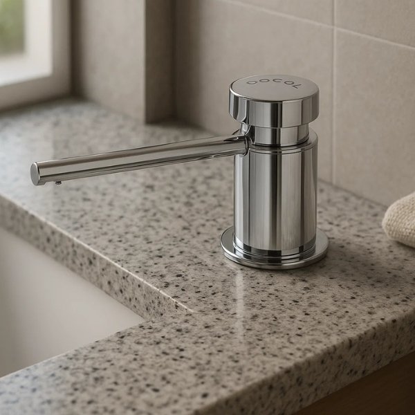 Dispensador Pressmatic instalado em bancada de cozinha moderna