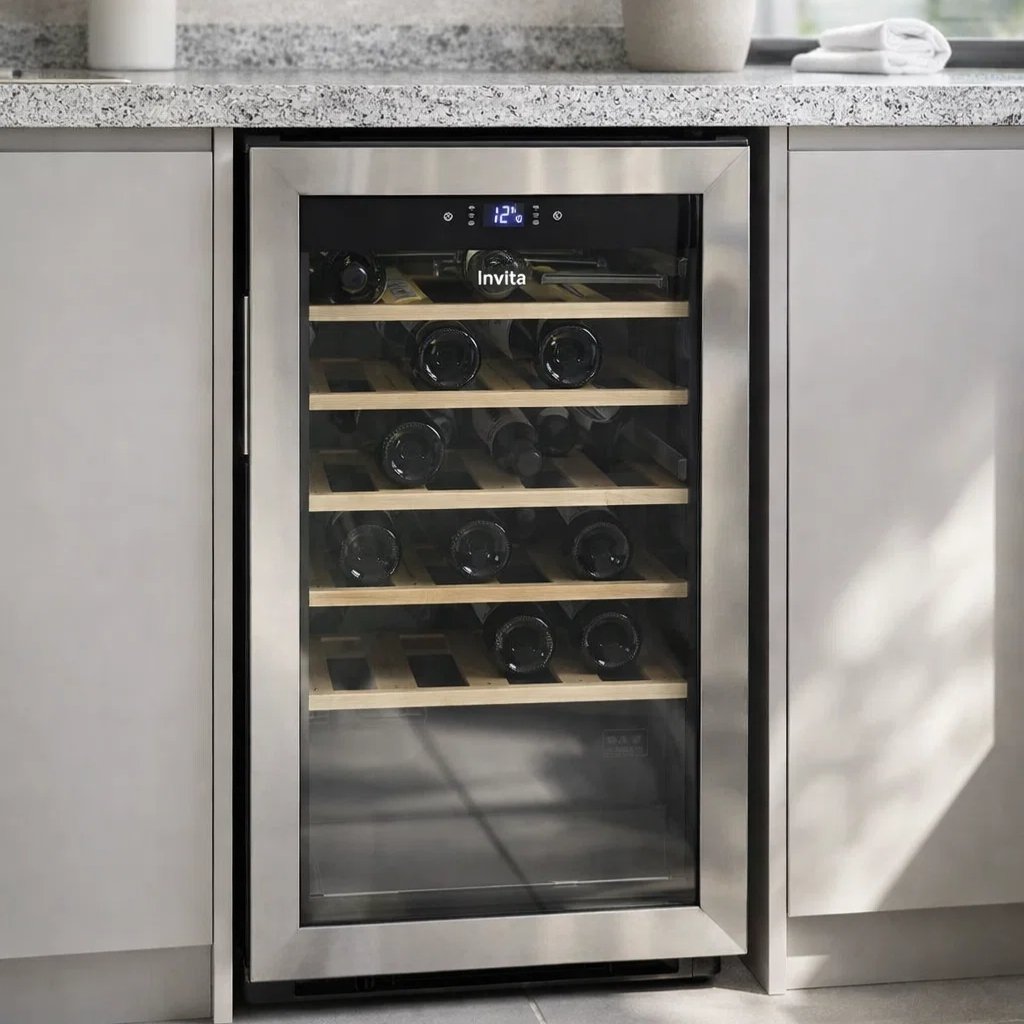 Interior Adega Invita com prateleiras em madeira