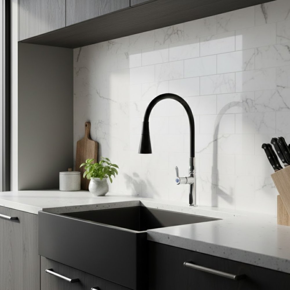 Detalhe mangueira flex&iacute;vel preta e acabamento cromado