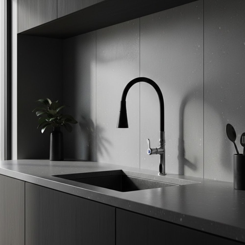 Torneira de Cozinha Flex&iacute;vel Cromada com Mangueira Preta