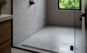 Box de banheiro moderno com piso de porcelanato cinza e ralo linear de aço inox na entrada