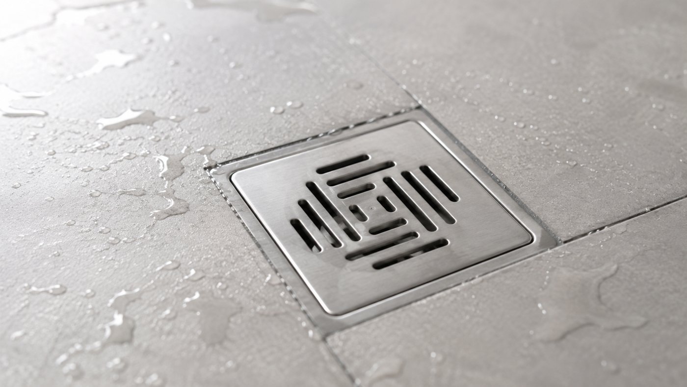 Ralo sifonado quadrado de a&ccedil;o inox 10x10 cm em piso de porcelanato cinza