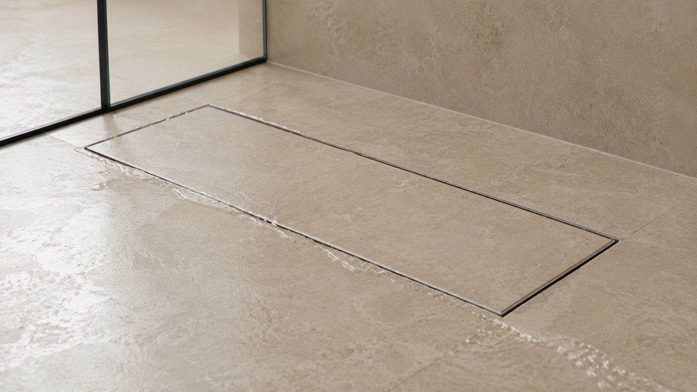 Ralo oculto invis&iacute;vel com tampa revestida de porcelanato bege em banheiro de alto padr&atilde;o